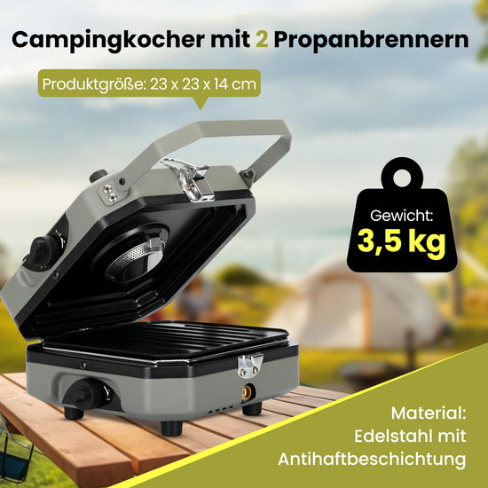 Saker Propangas-Campingkocher mit 2 Brennern und Grill