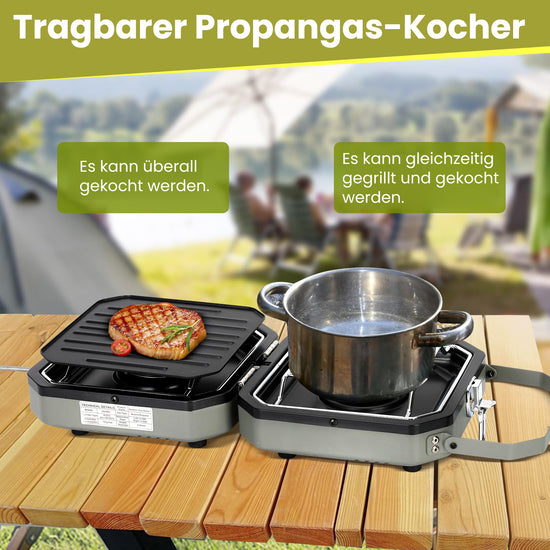 Saker Propangas-Campingkocher mit 2 Brennern und Grill