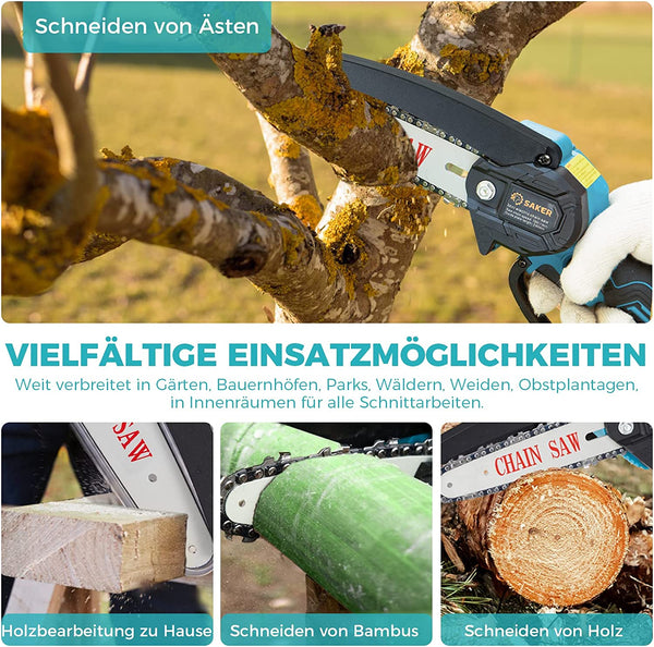 Saker 6 Zoll Handkettensäge Mit Akku können Äste, Sträucher und kleinere Bäume schneiden. 