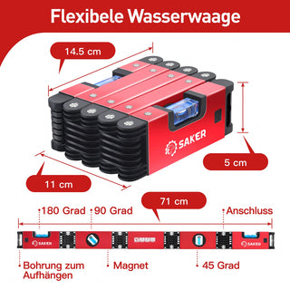 Saker 70cm Magnetische Flexible Wasserwaage mit 4 Libellen 5 Gelenke