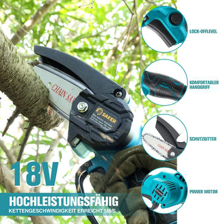 Saker 4 Zoll Mini Kettensäge Akku 18V mit Kupfermotor und Sicherheitseinrichtung