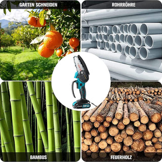 Saker 4 Zoll Einhand Kettensäge Mit Akku können Äste, Sträucher und kleinere Bäume schneiden. 